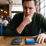 A thoughtful man sits at a wooden cafe table with his hand on his chin, looking down intently at two smartphones (an older and a modern Android) resting side-by-side. The phone screens are lit, and the background showing a busy in rainy coffee shop.