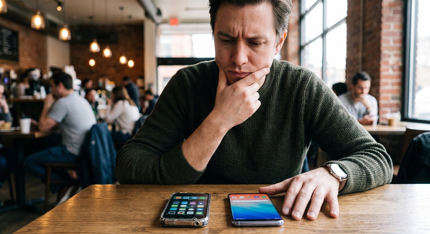 A thoughtful man sits at a wooden cafe table with his hand on his chin, looking down intently at two smartphones (an older and a modern Android) resting side-by-side. The phone screens are lit, and the background showing a busy in rainy coffee shop.