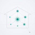 Illustration of a connected smart home with devices linked to a central hub and outward to other ecosystems