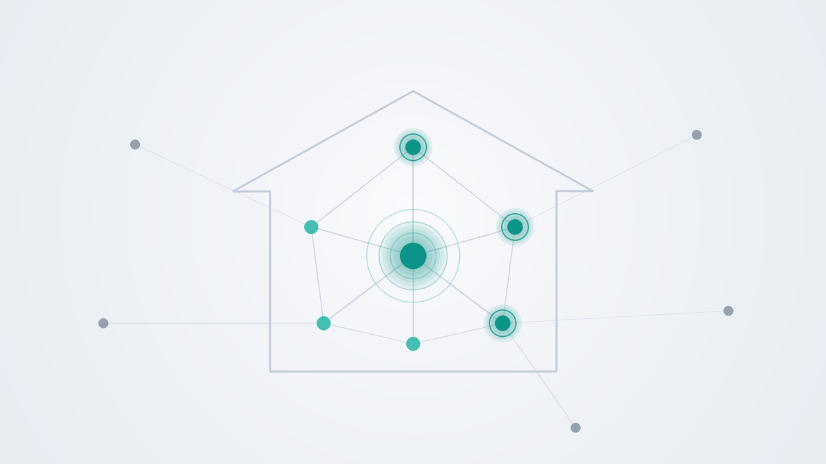 Illustration of a connected smart home with devices linked to a central hub and outward to other ecosystems